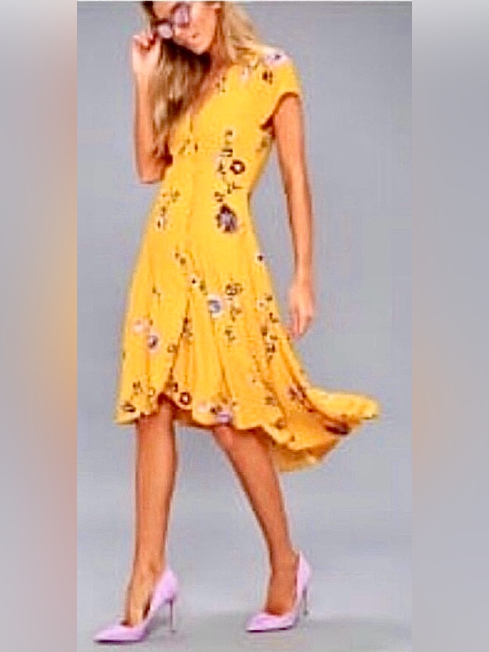 FREE PEOPLE Lost in You Golden Yellow Floral High\Low Midi Dress M